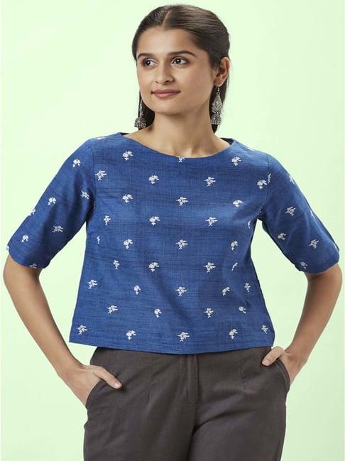 akkriti by pantaloons blue cotton embroidered top