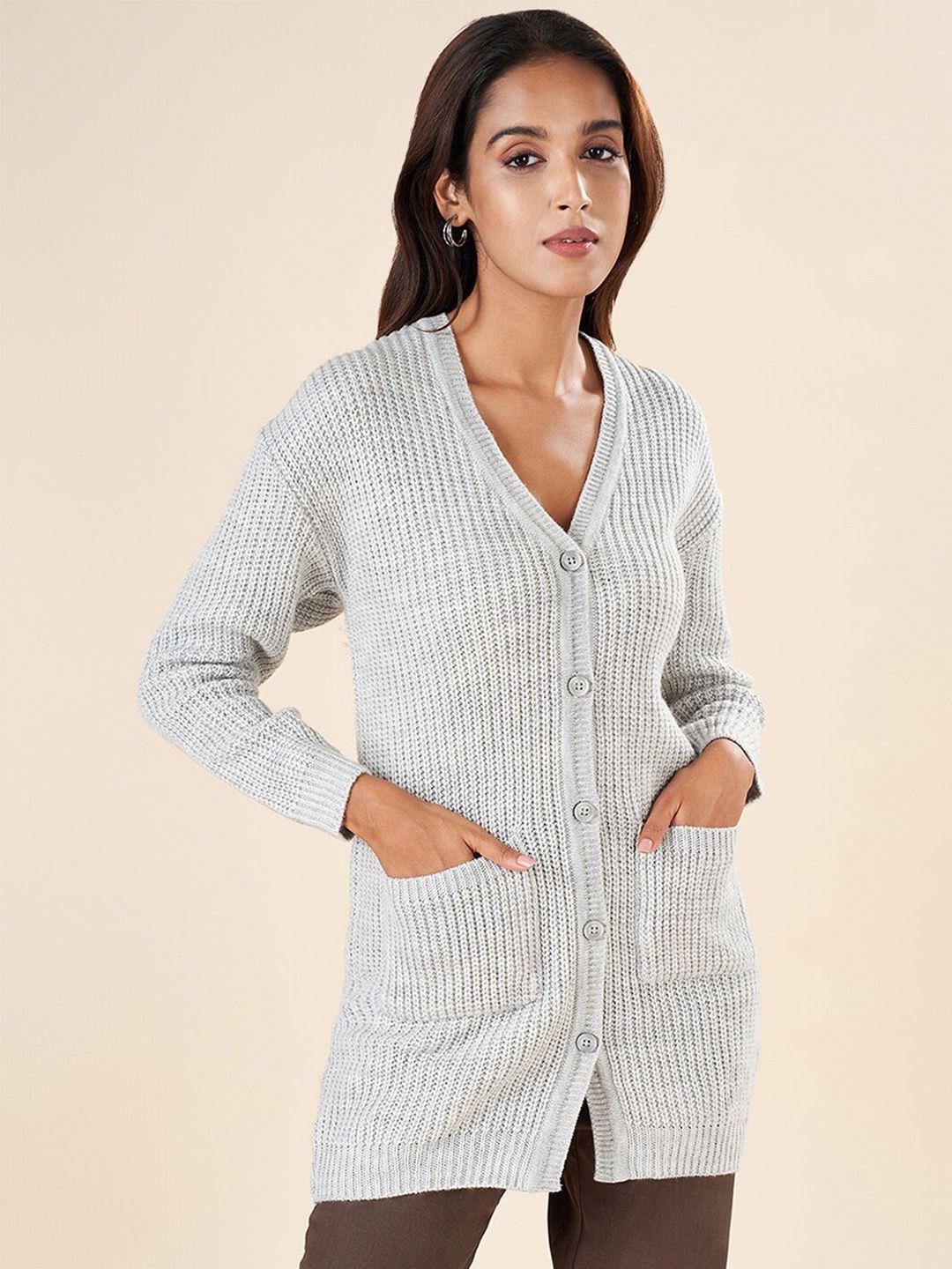 akkriti by pantaloons cable knit v-neck long sleeve acrylic cardigan longline sweater
