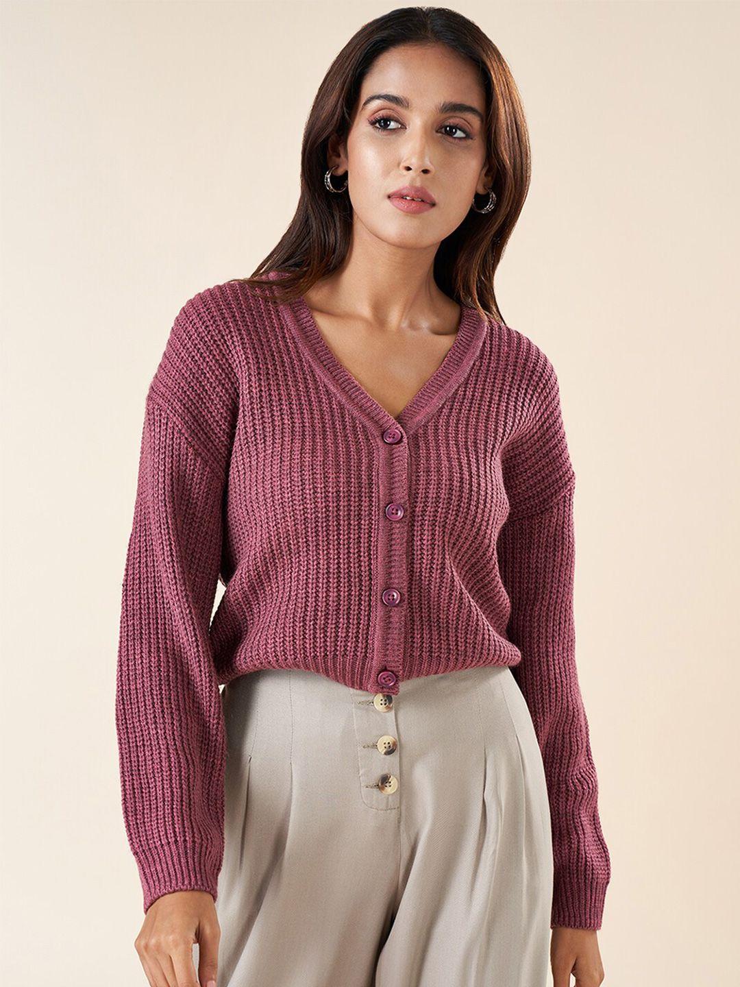 akkriti by pantaloons cable knit v-neck long sleeve acrylic cardigan sweater