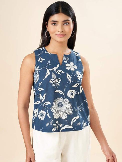 akkriti by pantaloons indigo blue cotton floral print top