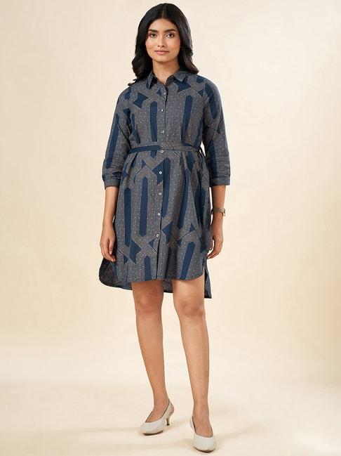 akkriti by pantaloons indigo blue cotton printed shirt dress