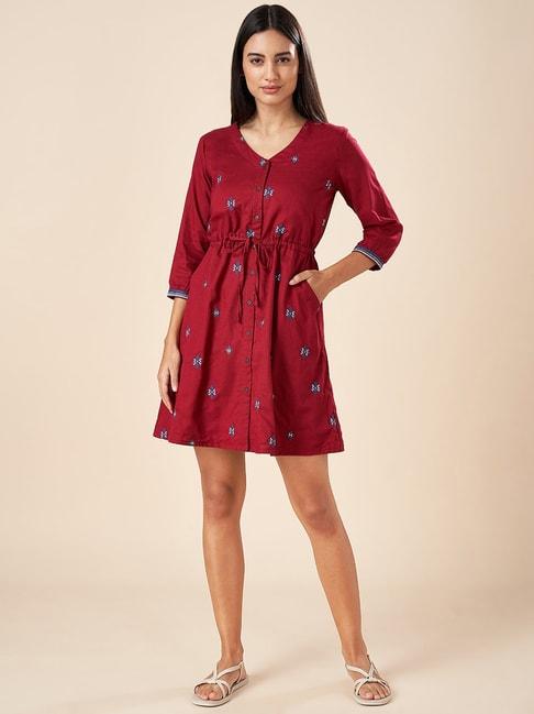 akkriti by pantaloons maroon cotton embroidered a-line dress