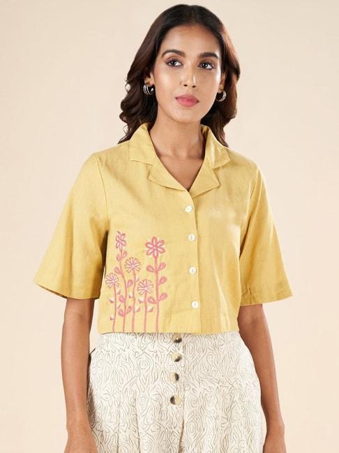 akkriti by pantaloons mustard cotton embroidered shirt