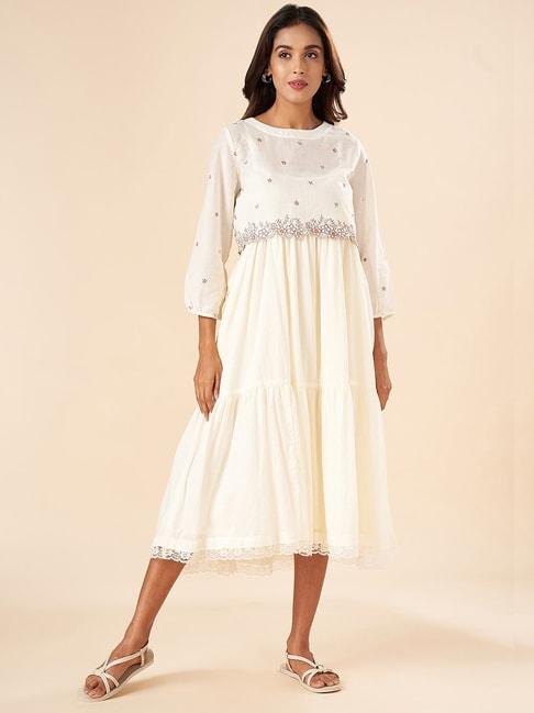 akkriti by pantaloons off-white cotton embroidered skater dress