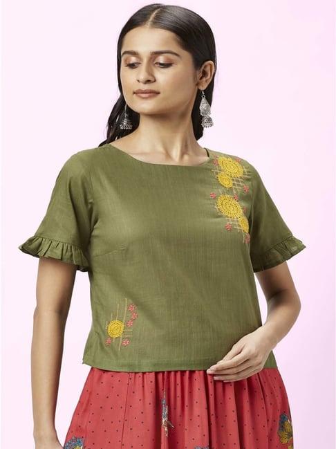 akkriti by pantaloons olive green embroidered top