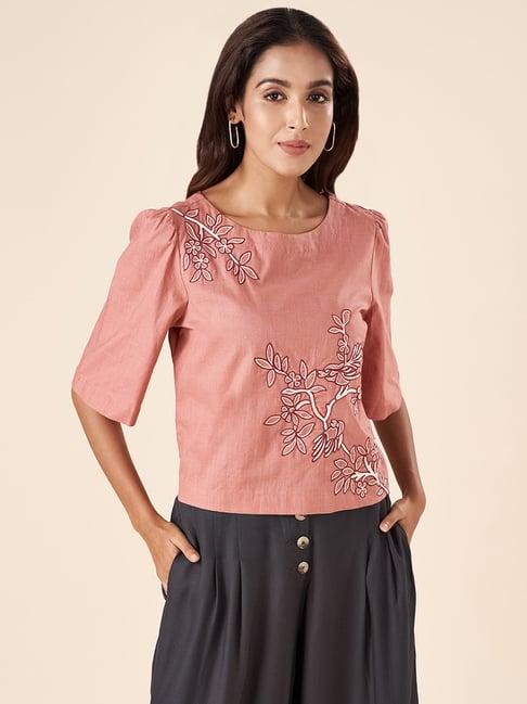 akkriti by pantaloons pink cotton embroidered top