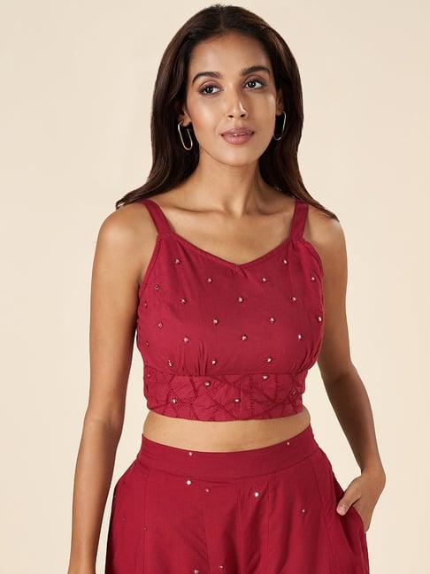 akkriti by pantaloons red cotton embroidered crop top
