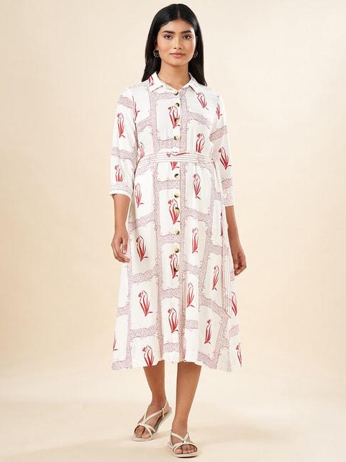 akkriti by pantaloons white cotton floral print shirt dress