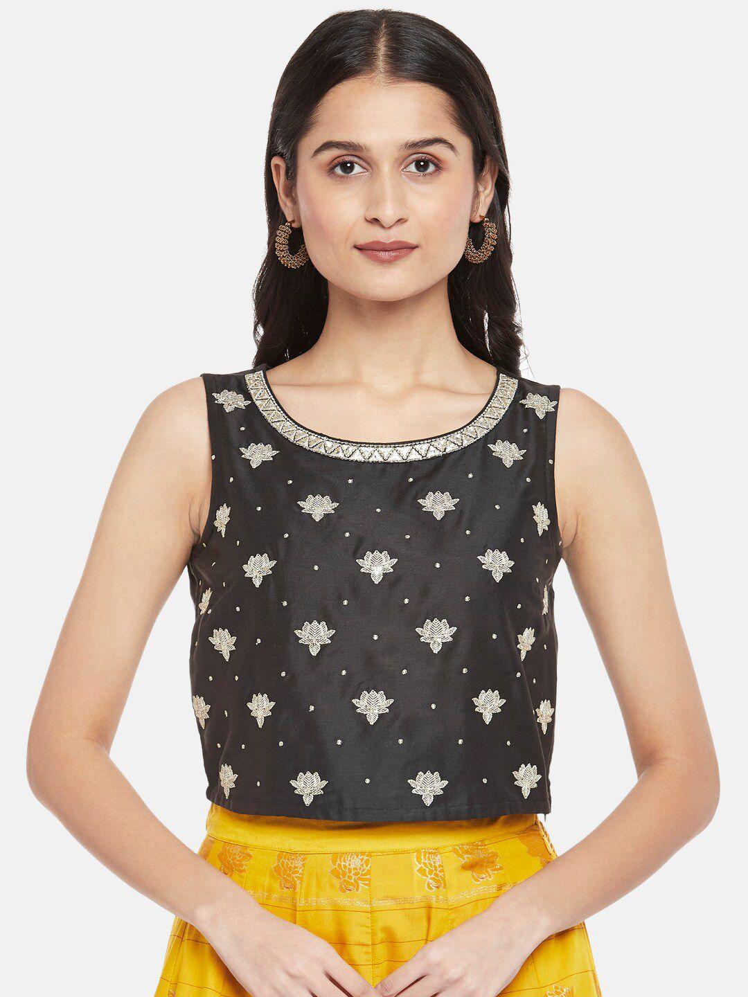 akkriti by pantaloons women black & yellow embroidered ready to wear lehenga &