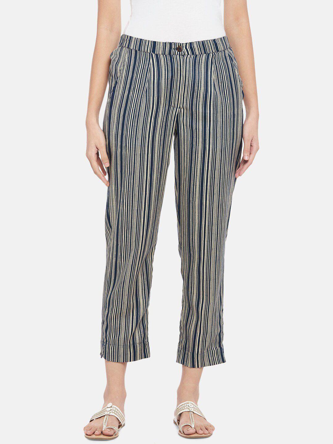 akkriti by pantaloons women blue striped trousers