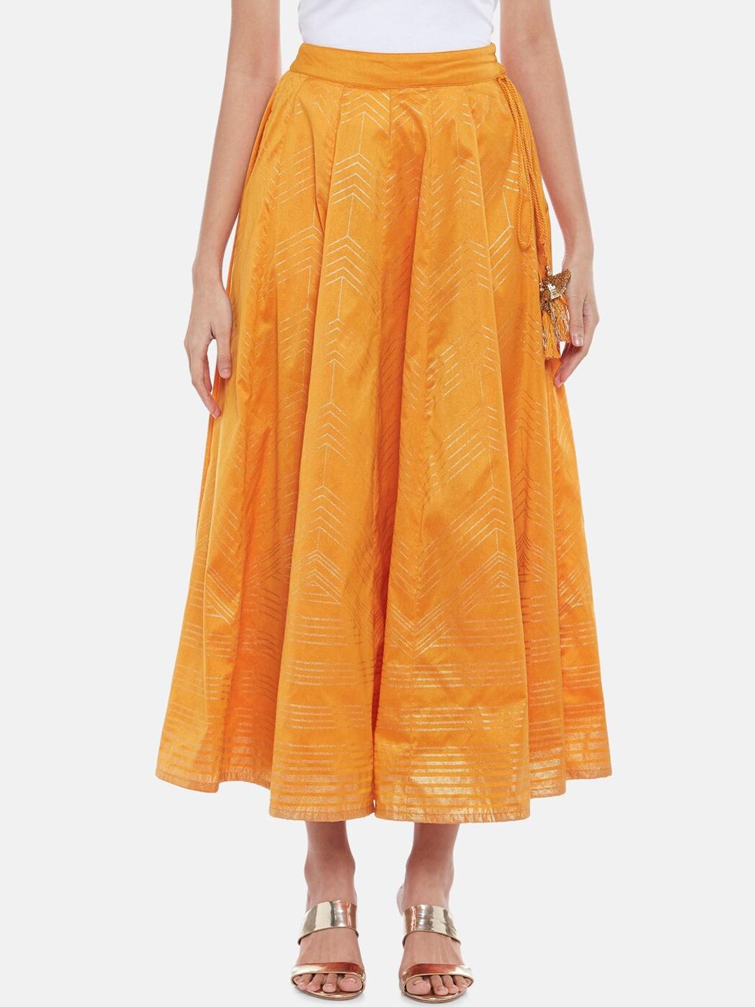 akkriti by pantaloons women mustard yellow printed flared midi skirts