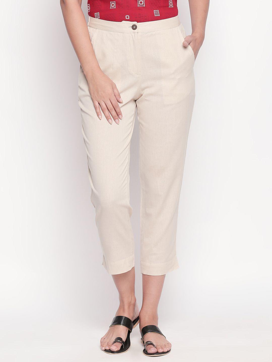 akkriti by pantaloons women off-white regular fit solid peg trousers