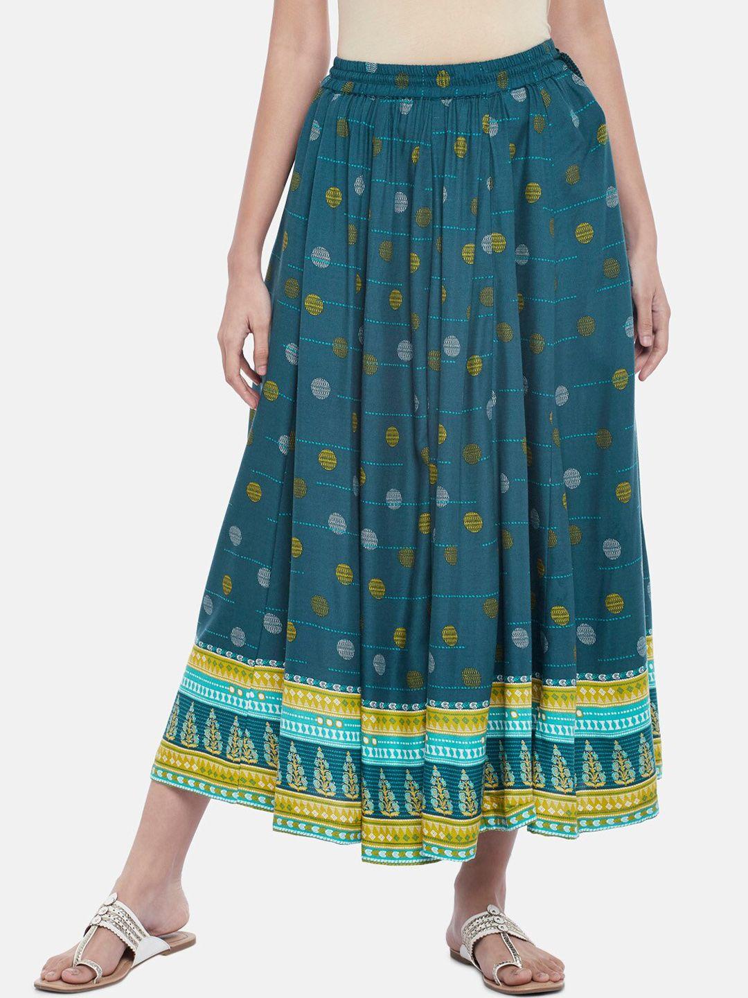 akkriti by pantaloons women teal blue & yellow flared maxi skirt