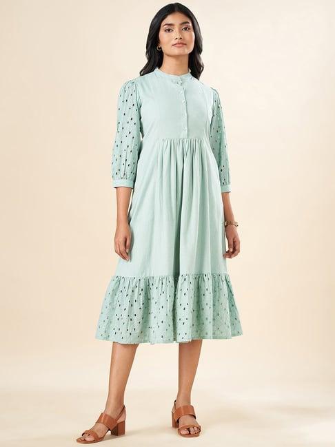 akkriti by pantaloons aqua blue cotton embroidered peplum dress