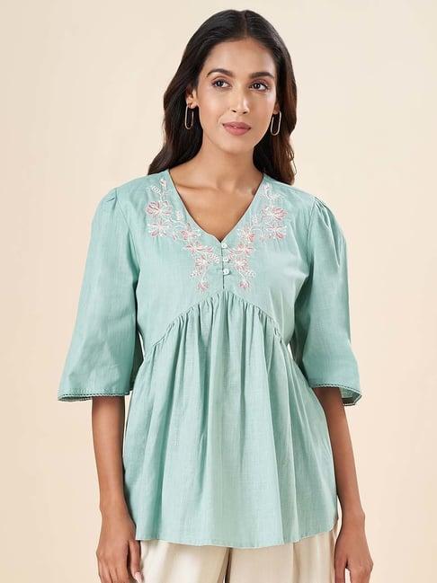 akkriti by pantaloons aqua blue cotton embroidered top