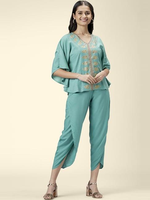 akkriti by pantaloons aqua blue printed top dhoti pant set