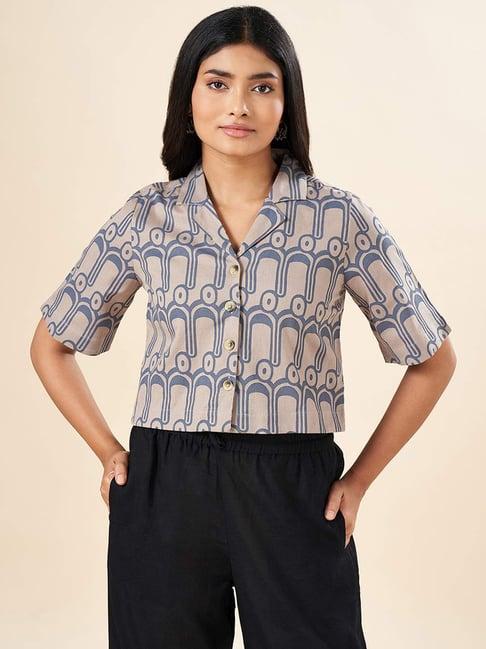 akkriti by pantaloons beige cotton printed crop shirt