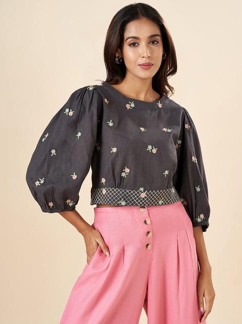 akkriti by pantaloons black cotton embroidered top