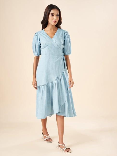 akkriti by pantaloons blue cotton a-line dress