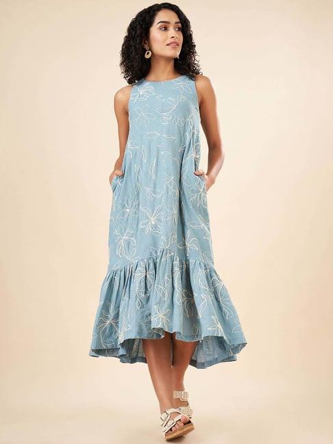 akkriti by pantaloons blue cotton embroidered a-line dress