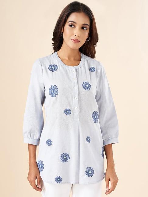 akkriti by pantaloons blue cotton embroidered tunic