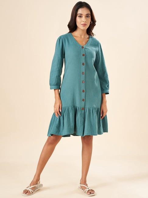 akkriti by pantaloons blue cotton self pattern a-line dress