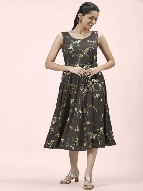 akkriti by pantaloons charcoal grey floral print a-line dress