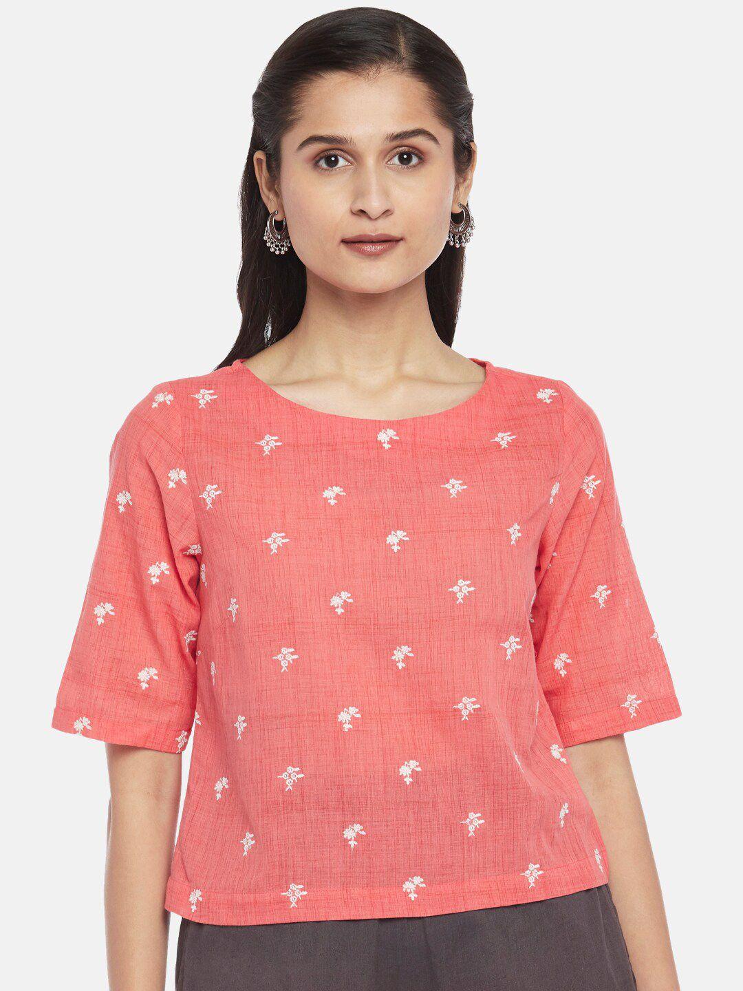 akkriti by pantaloons coral floral embroidered cotton top