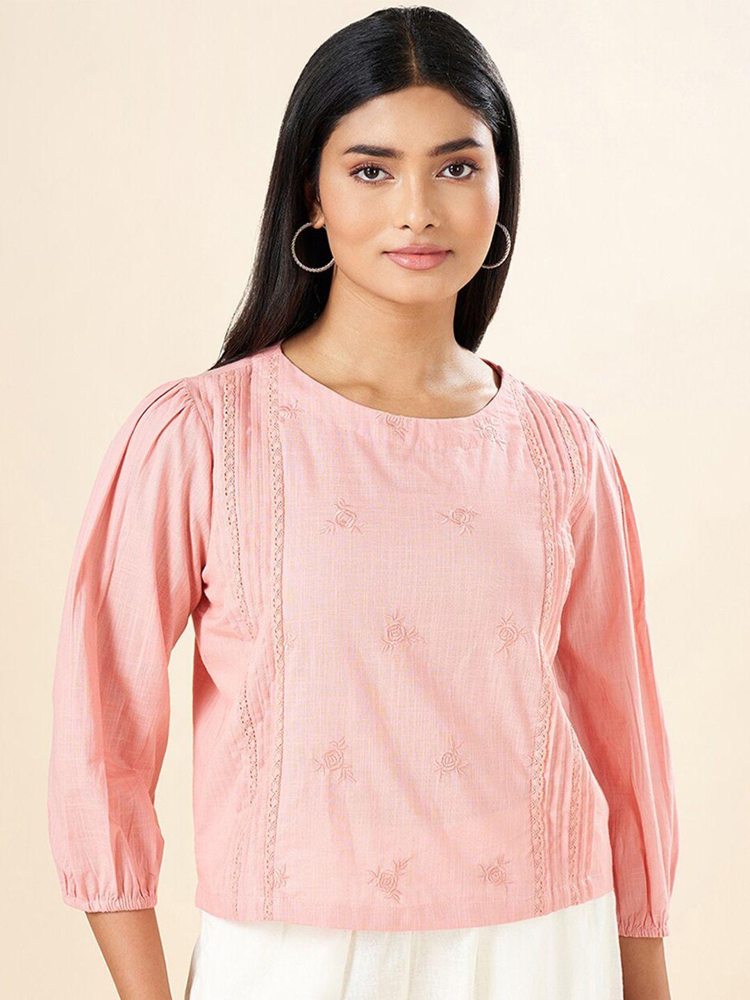 akkriti by pantaloons floral embroidered lace-up puff sleeve cotton top