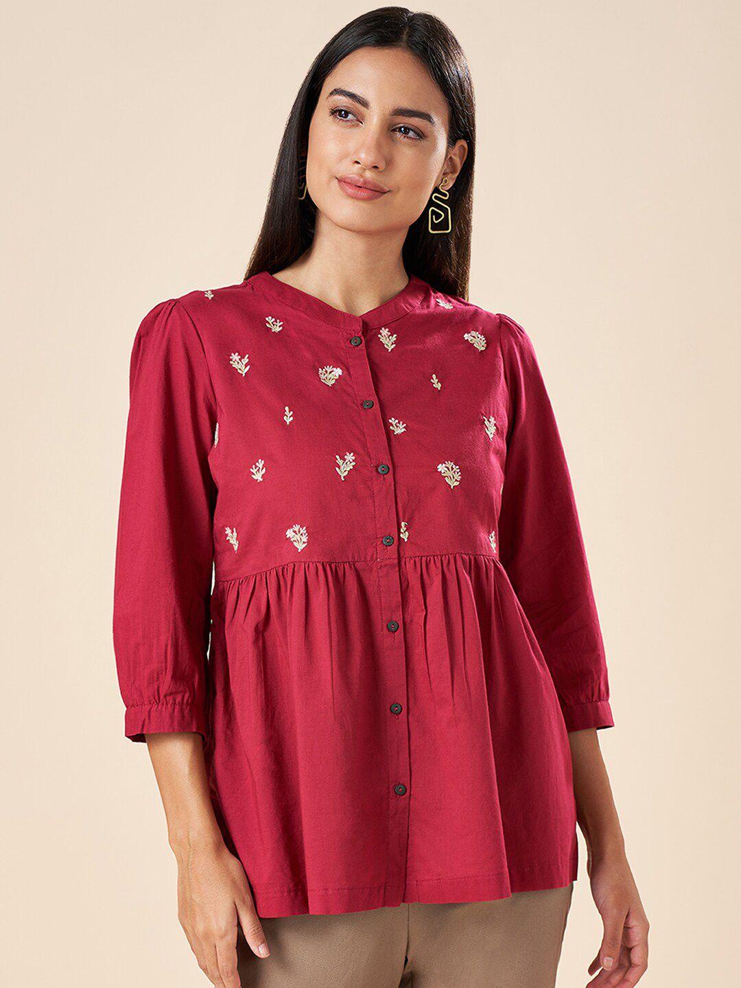 akkriti by pantaloons floral embroidered mandarin collar cotton tunic