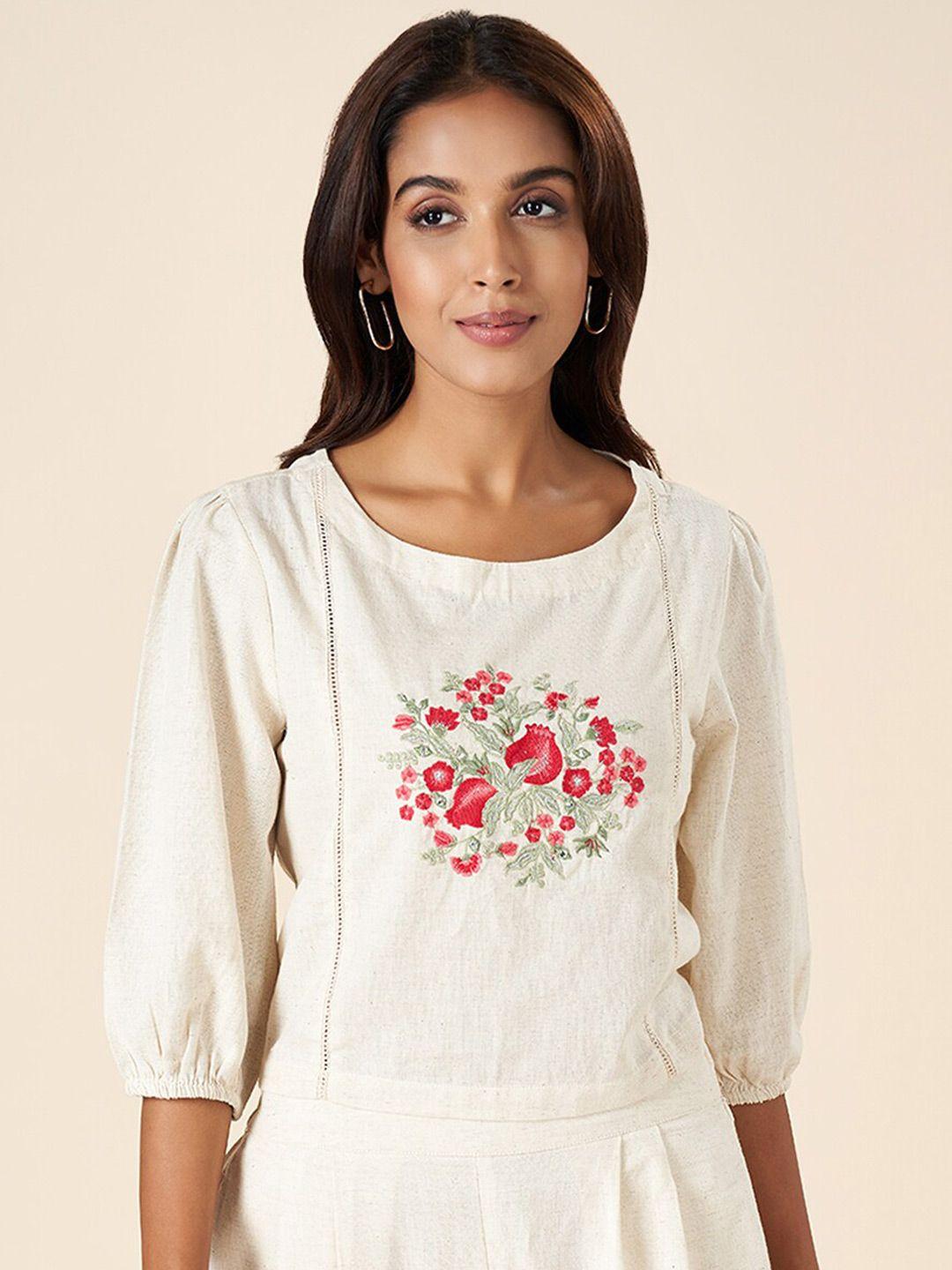 akkriti by pantaloons floral embroidered puff sleeve cotton top