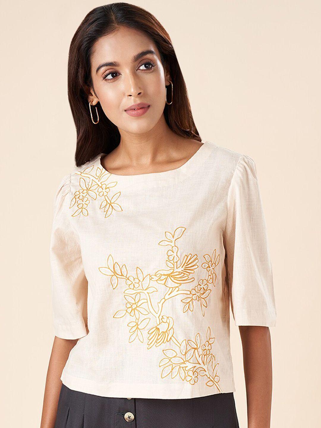 akkriti by pantaloons floral embroidered puff sleeve cotton top