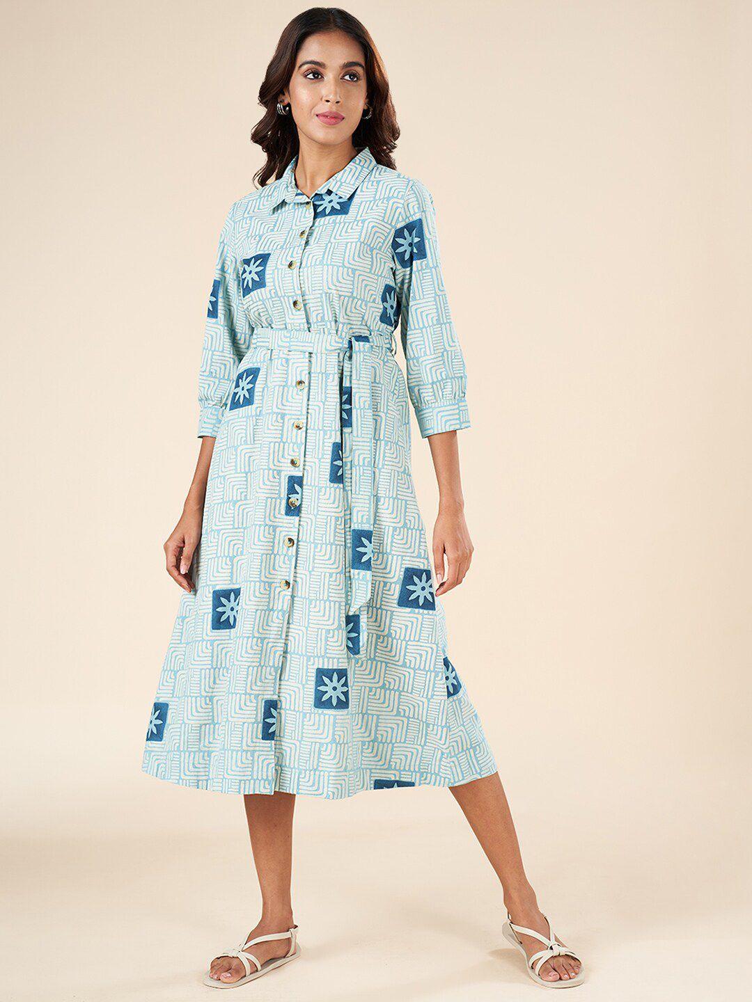 akkriti by pantaloons geometric printed shirt neck tie-ups cotton shirt midi dress