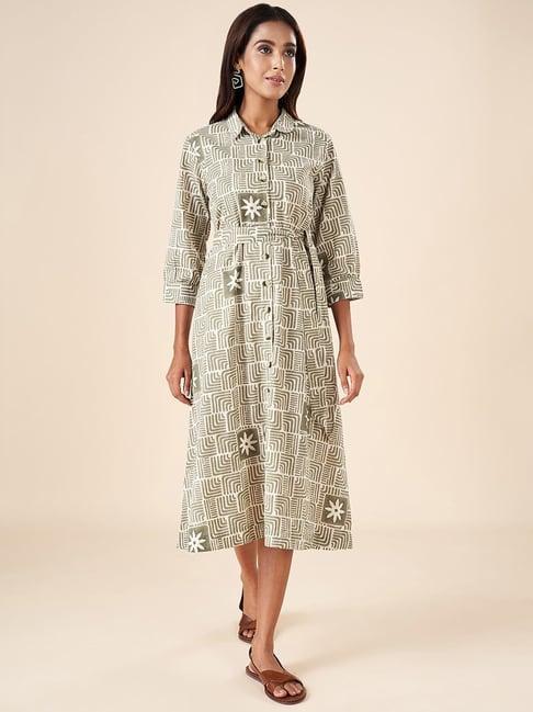 akkriti by pantaloons green & white cotton printed shirt dress