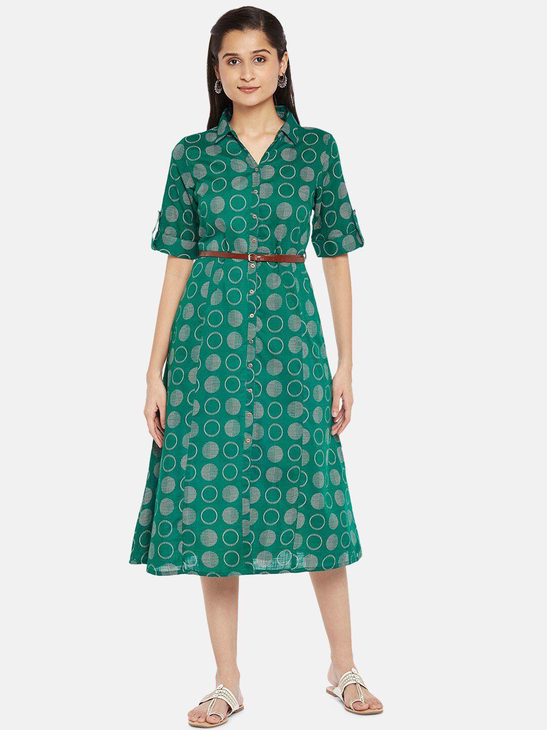 akkriti by pantaloons green & white geometric printed a-line pure cotton midi dress