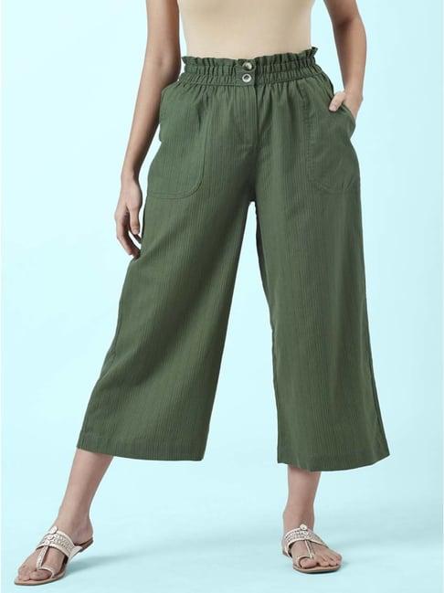 akkriti by pantaloons green cotton striped culottes