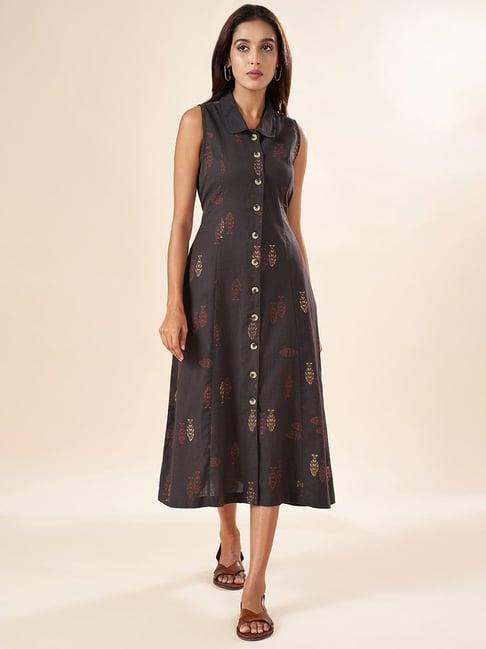 akkriti by pantaloons grey cotton printed shirt dress