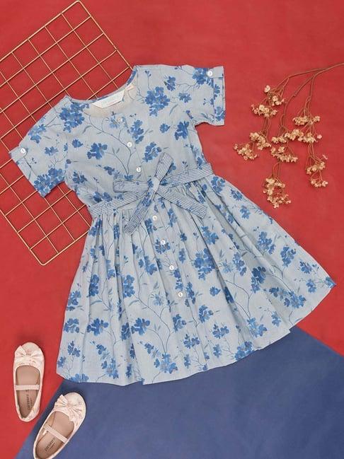 akkriti by pantaloons kids blue cotton floral print dress