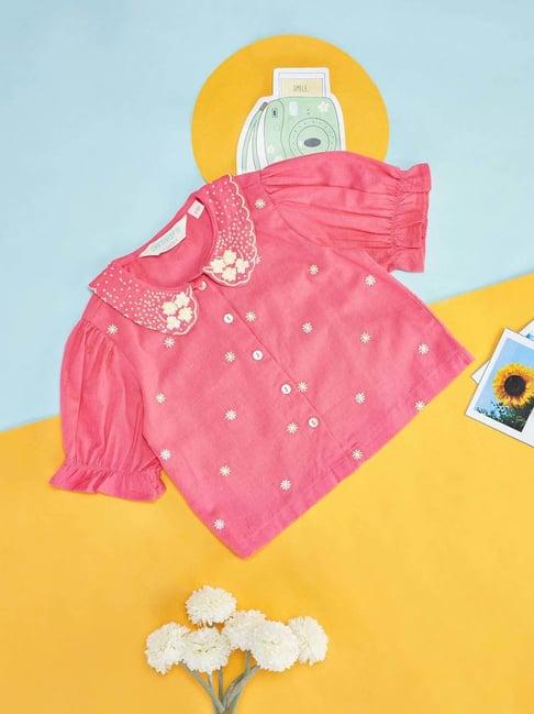 akkriti by pantaloons kids coral cotton embroidered top