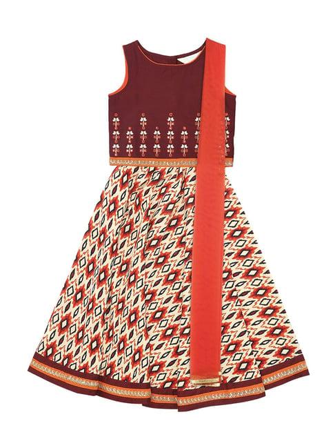 akkriti by pantaloons kids maroon embroidered lehenga choli & dupatta