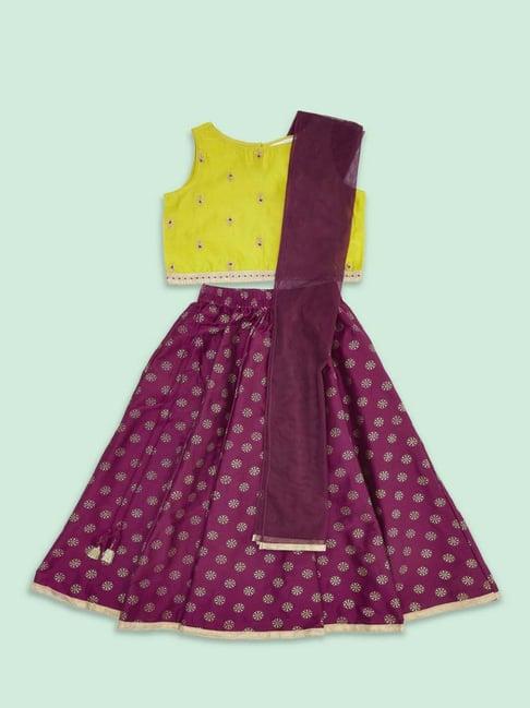 akkriti by pantaloons kids mustard & purple embroidered lehenga cholis