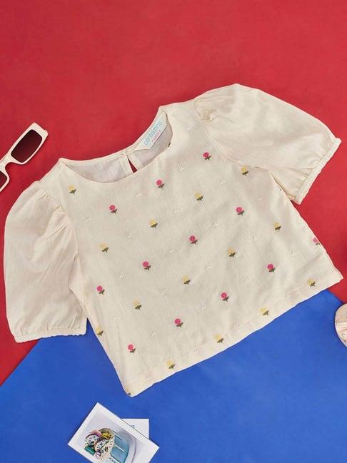 akkriti by pantaloons kids off-white cotton embroidered top