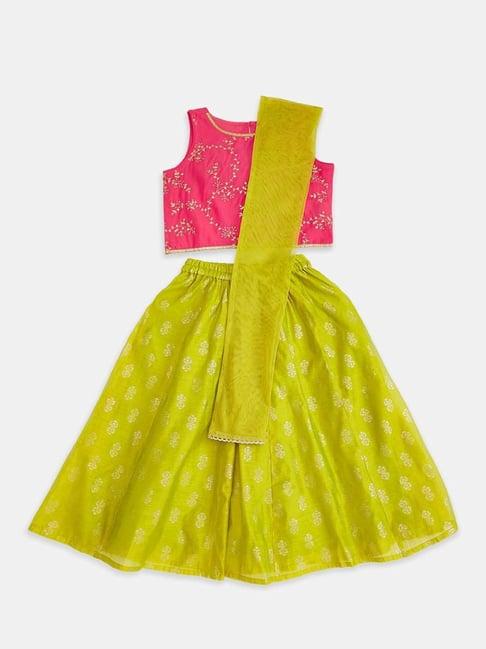 akkriti by pantaloons kids pink & green embroidered lehenga cholis