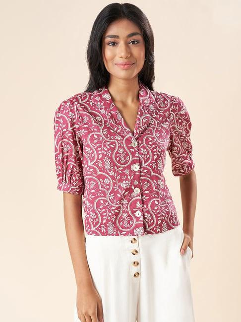 akkriti by pantaloons magenta cotton printed crop shirt