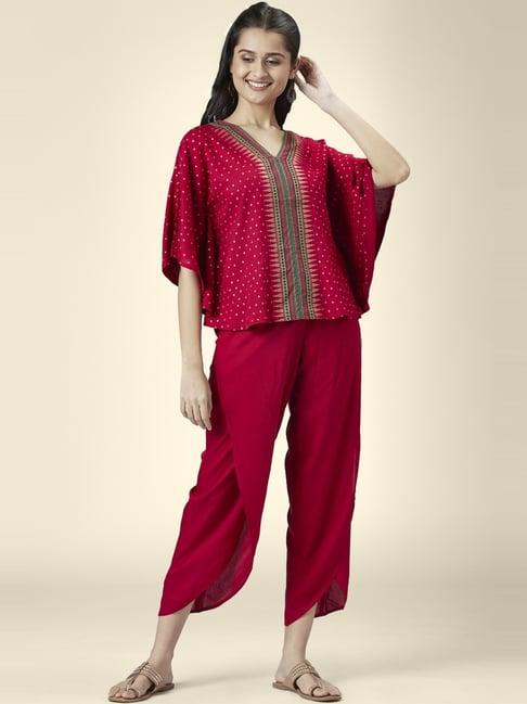akkriti by pantaloons maroon printed top dhoti pant set