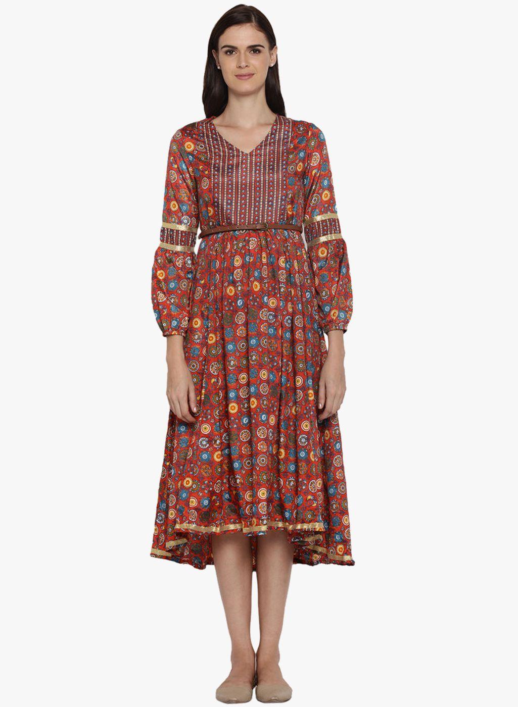 akkriti by pantaloons multicoloured printed fit & flare dress with belt