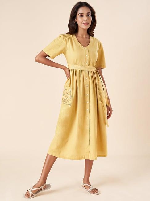 akkriti by pantaloons mustard cotton embroidered a-line dress