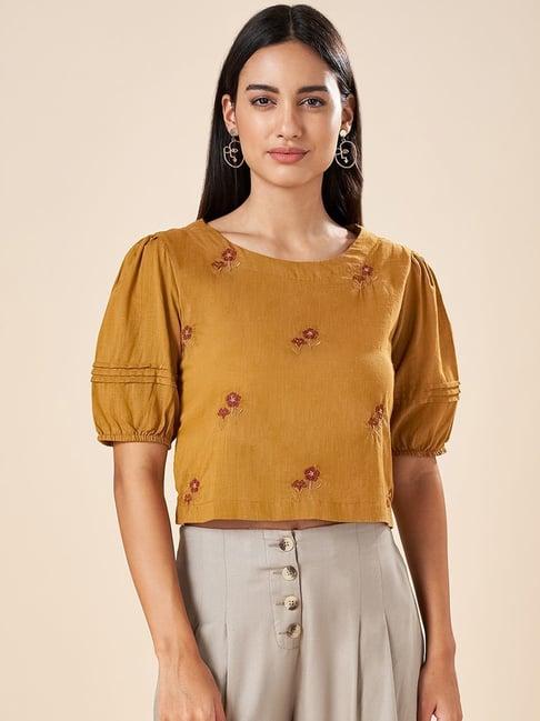 akkriti by pantaloons mustard cotton embroidered top