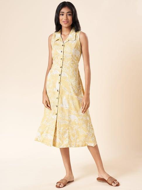 akkriti by pantaloons mustard cotton floral print shirt dress