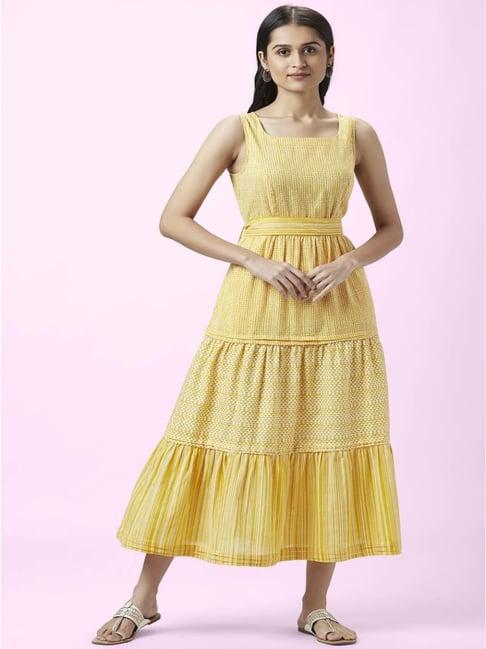 akkriti by pantaloons mustard cotton printed a-line dress